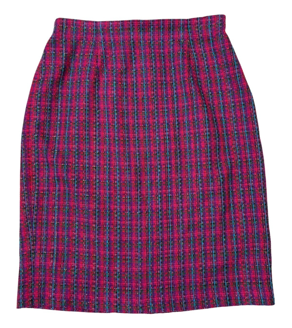 Tweed Plaid Pencil Skirt Purple Pink Gold Size 16 Knee Length Office Preppy